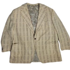 VINTAGE 70s beige one button‎ stripe plaid suit jacket light academia XL